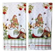 Set of 2 GARDEN BEE GNOME Honey Pot Terry Kitchen Towels by Kay Dee Designs