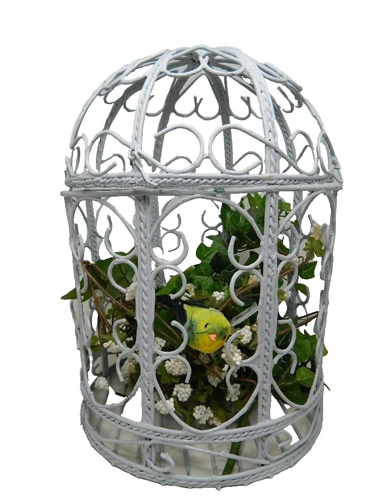 Domed Bird Cage w/ Greenery & Bird for Home Decor 12"H Removeable Top Light Gray
