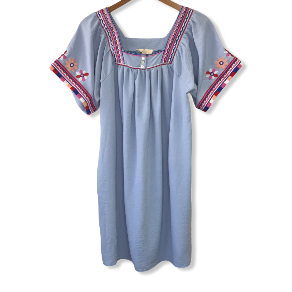 entro blue dress Bloom Embroidered Mini Dress