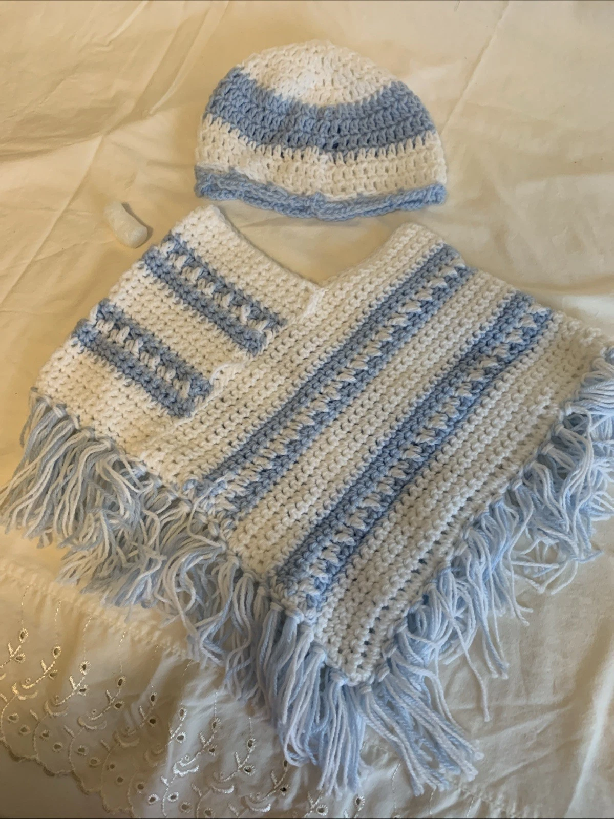 Hand Crocheted Toddlers Blue And White Poncho And Hat