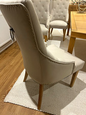 Set of 6 Beige Upholstered Button Back Dining Chairs Ring Pull Light Wood Legs