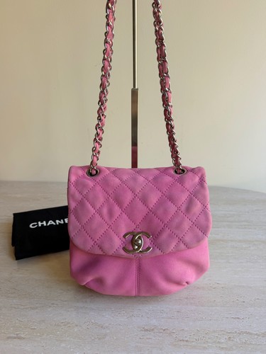 Chanel Classic Flap Small Shoulder Bag Pink Suede Leather Silver Hardware Auth
