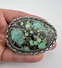 Vtg Navajo Sterling Silver Spiderweb Turquoise Stamped Belt Buckle 66.5g