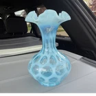 Fenton Blue Opalescent Coin Dot Hand Blown Glass Vase Decorative Glossy