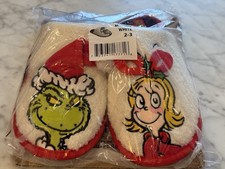 Grinch BIG GIRLS SCUFF SLIPPERS Size 2-3 White Cindy House Shoes Lou MSY/GG