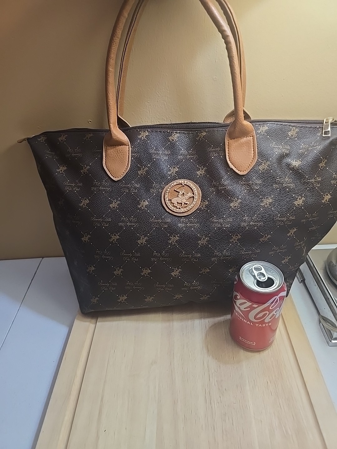 Beverly Hills Polo Club Monogram Tote Bag Brown Leather Trim