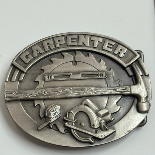 Siskiyou Carpenter Belt Buckle 1991 Pewter Hammer Saw Tape Measure Tool Design - Picture 1 of 11