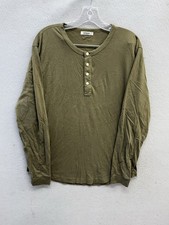 Buck Mason Mens Large Green Pima Curved Hem Henley Tee Long Sleeve Cotton
