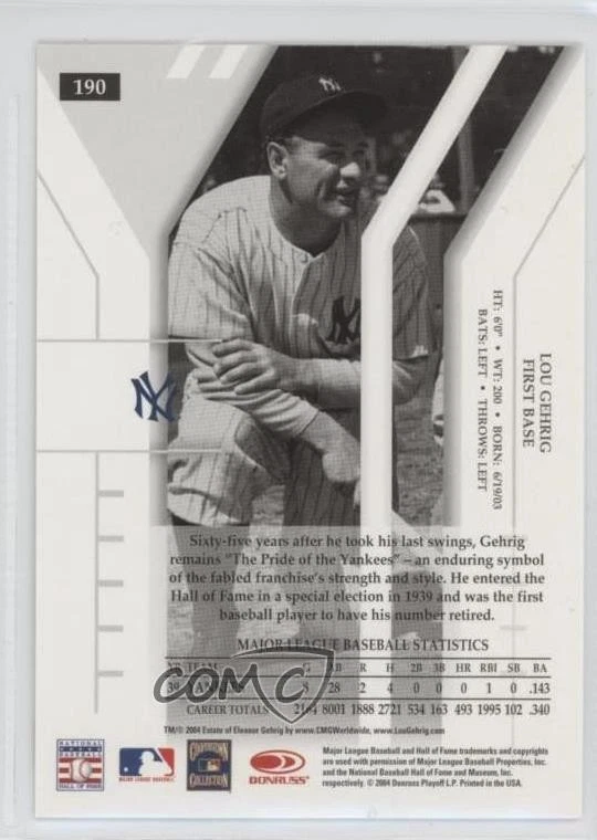 2004 Donruss Elite /1000 Lou Gehrig #190 HOF - Image 2 of 2
