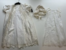 Vintage Christening Baptism 3 Pc Set Dress Robe Bonnet Ivory Embroidered  Lace