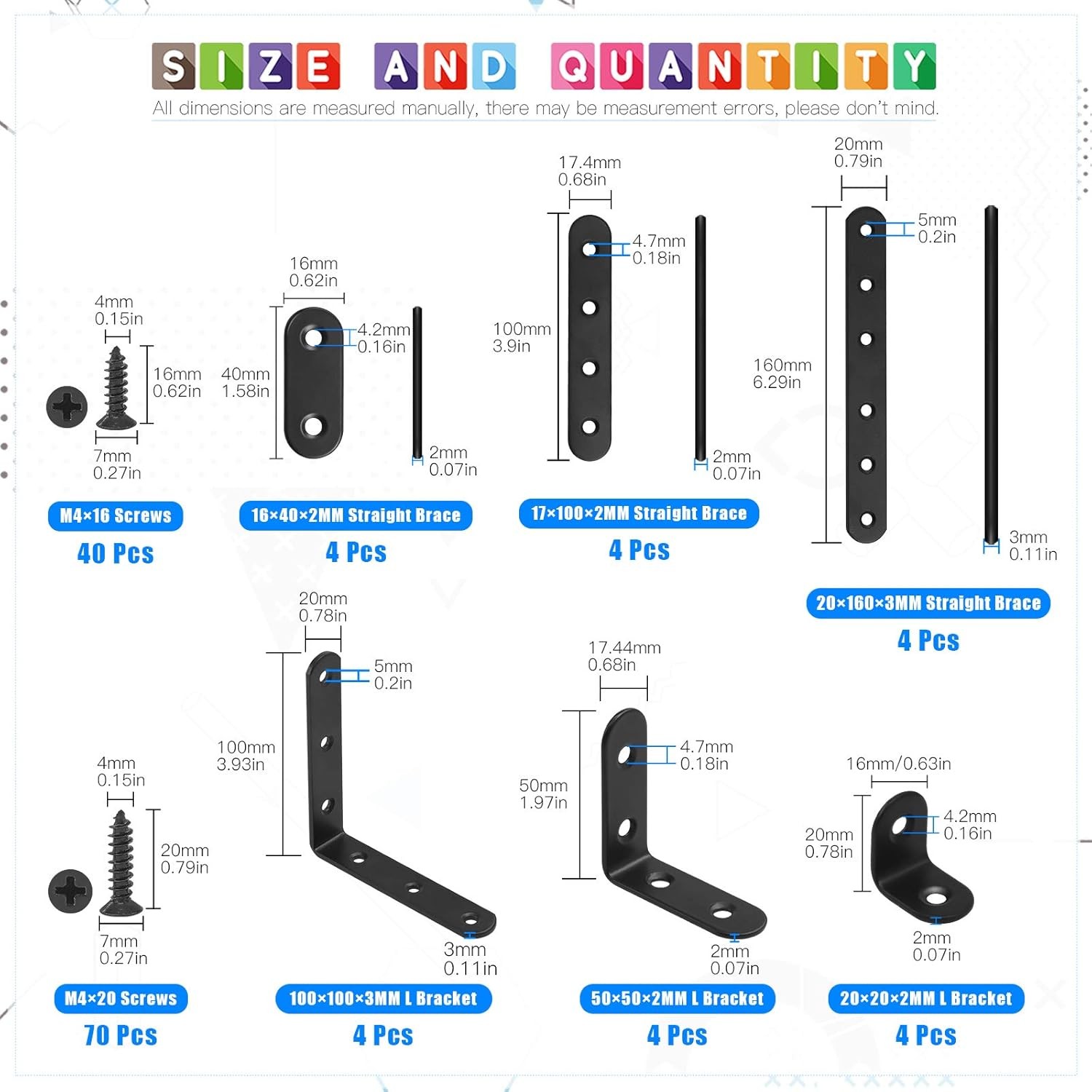 Glarks 134Pcs Black Corner Brace Set, 24Pcs L Shape Bracket and Flat 