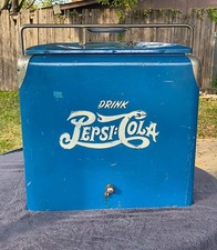 Vintage 1940s Double Dot Drink Pepsi Cola Blue Metal Ice Chest w/Tray Rare!!