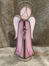 Standing Pink Stained Glass Angel w/ Halo and Flowers 9  