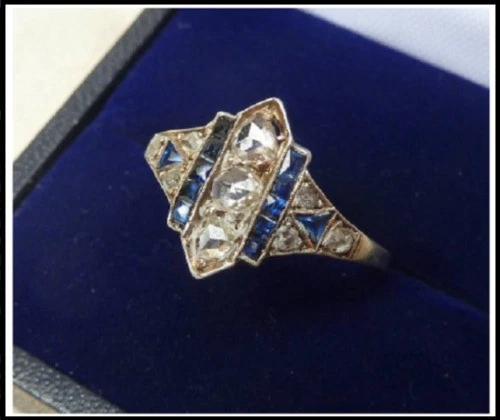 Art Deco Vintage 3.20 Ct Diamond & Sapphire Engagement Ring 14K Yellow Gold FN