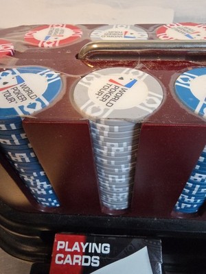 WPT Cards World Poker Tour 300 Ct Oval Poker Chip Set Cherry Wood