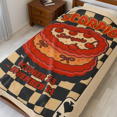 Scorpio Cake Velveteen Plush Blanket, 90s Vintage Heart Cherry Cake Y2K Zodiac