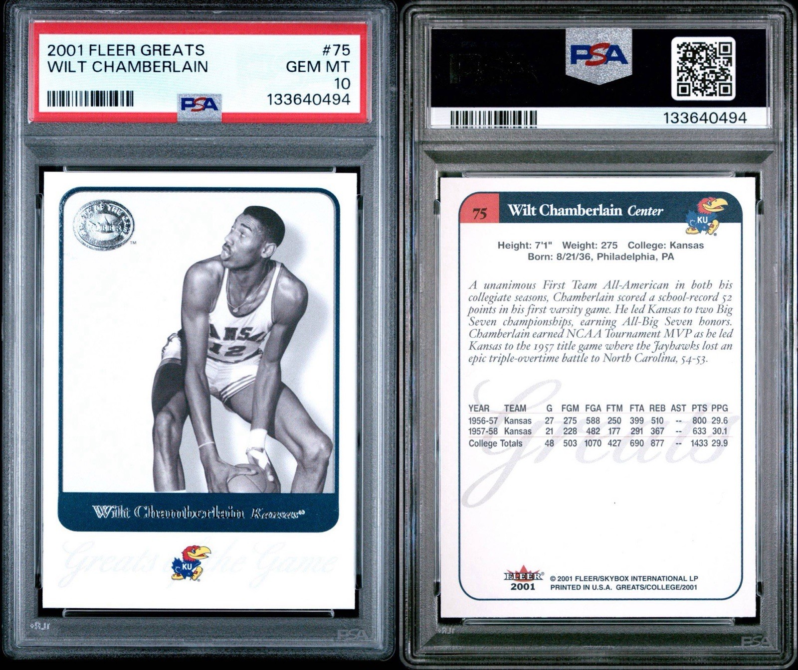 2001 Fleer Greats of the Game Wilt Chamberlain #75 Kansas Jayhawks PSA 10 GEM MT view 3