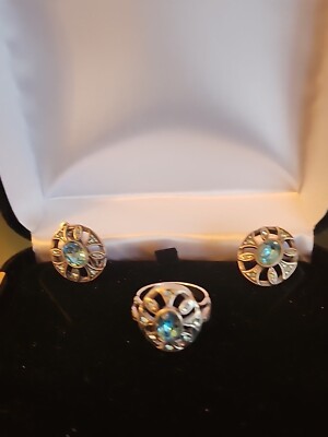 Designer Blue Topaz Silver 925 Leverback Earring 1'', Ring Size 8 Set defect