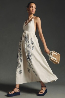 New Farm Rio Embroidered Halter Dress Linen Anthropologie Maxi Backless  Size M | eBay