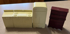 Vintage Marx USA Dollhouse Furniture lot Yellow kitchen set  Brown dresser lot