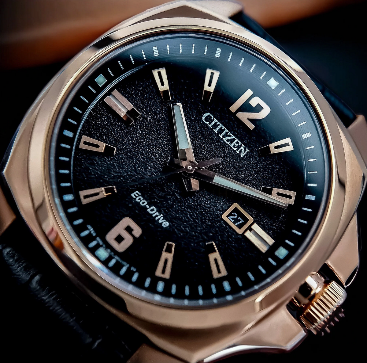Citizen Eco-Drive Rose Gold Sapphire Crystal Black Dial Leather