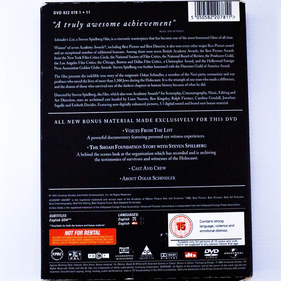 Schindler's List (DVD, 1993, Box Set) Liam Neeson, Ralph Fiennes Biography Movie - Image 2 of 4