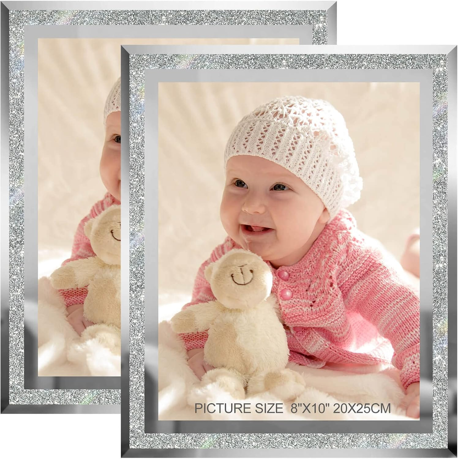 8X10 Picture Frames Silver - Set of 2, Sparkle Real Glass 8 by 10 Photo Frame-image