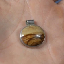 Oval Brown Stone Slide Pendant 1" Silver Tone
