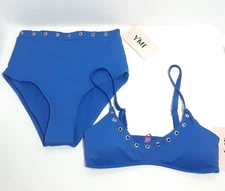 YMI Cobalt Blue Ribbed Swim Bikini 2 Piece Set, size Medium, NWT! Mod High Waist