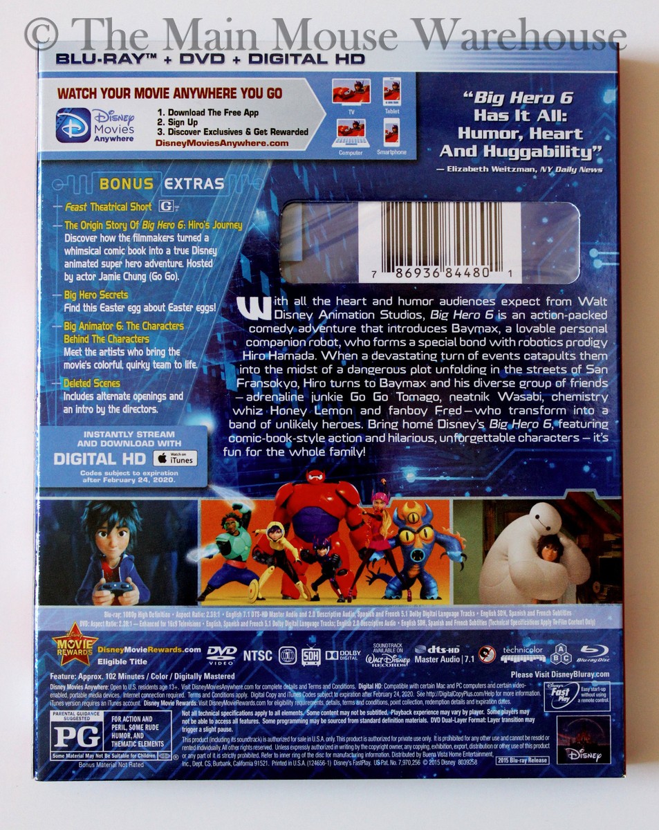 Disney Marvel Big Hero 6 Six Hiro Baymax Blu-ray DVD & Digital