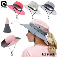 1/2Pack Women Ponytail Summer Sun Hat UV Protection Wide Brim Safari Fishing Cap