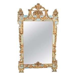 Rarer Baby Blue Carved Walnut Polychromed Italian Venetian Mirror
