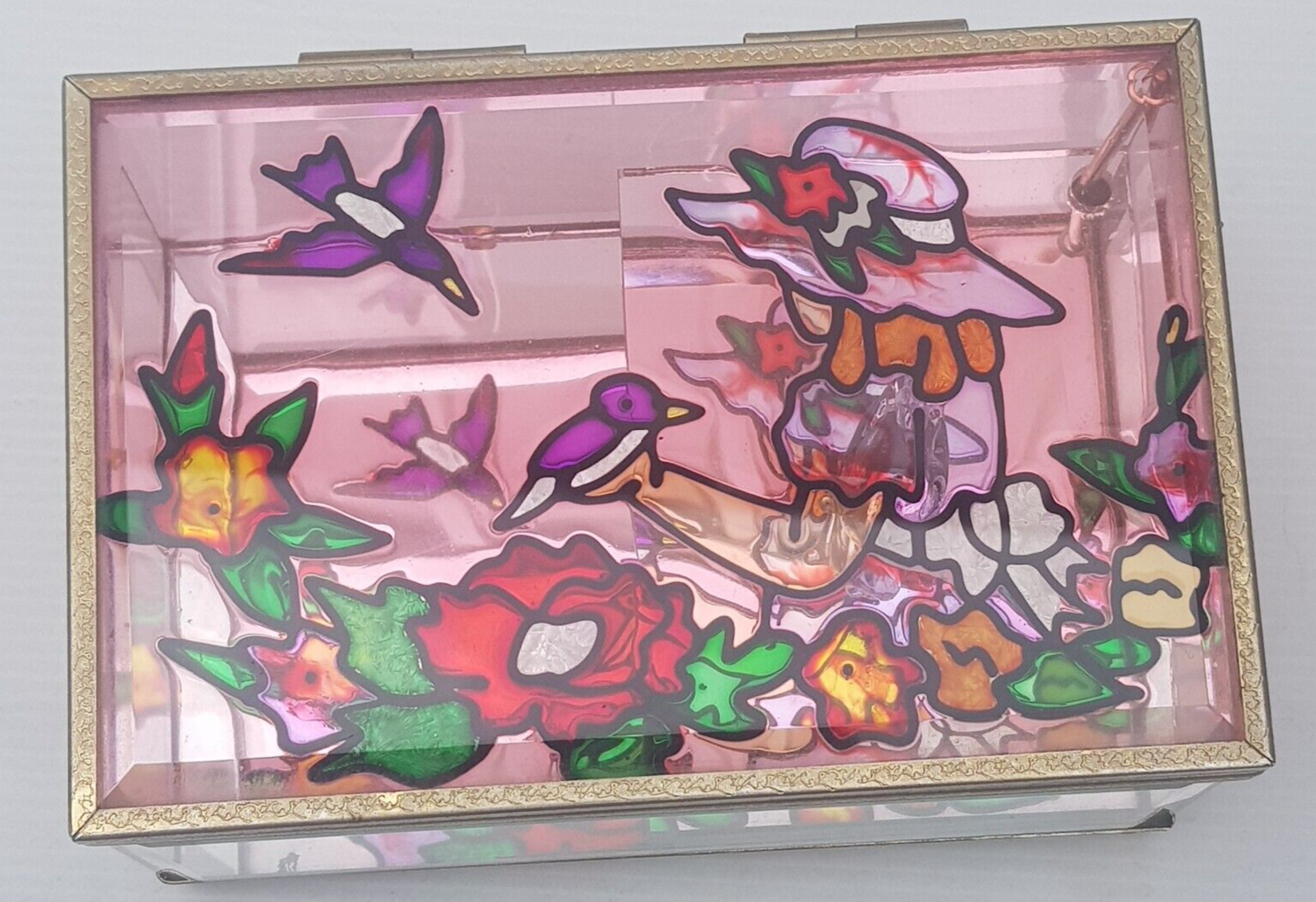 Vintage Blue Bird Glass Musical Jewellery Box with Turning Bird Decor