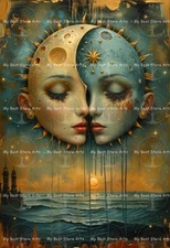 SURREAL CELESTIAL FACES ART PRINT, Moon Sun Poster, Witchy Poster Decor D653
