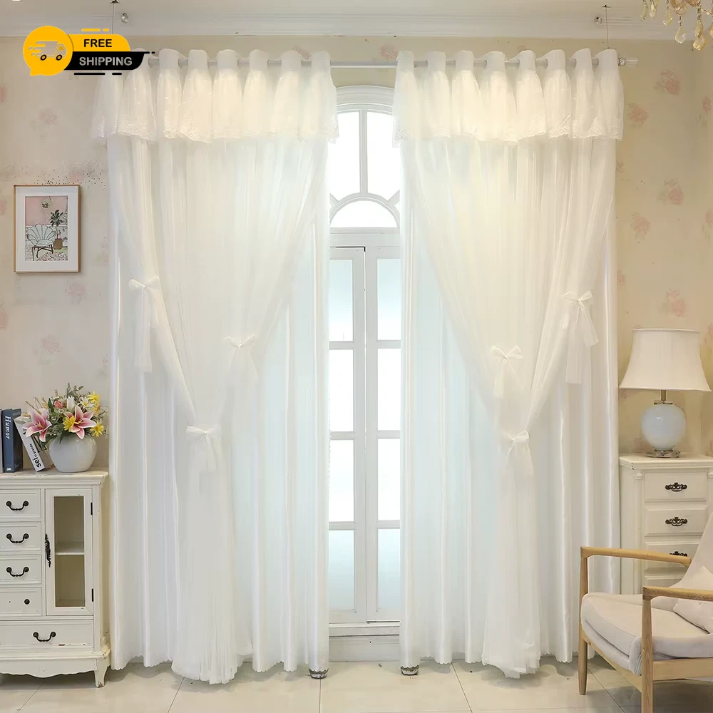 Double Layer Thickened Blackout Curtain with Butterfly Knot Decoration,...