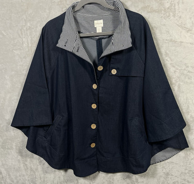 CHICO'S Elise Navy Denim Cape  Stand-Up Collar Button Closure striped accent OS