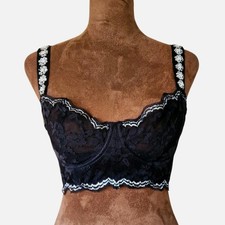 Victorias Secret Dream Angels 32D Push Up Bra Black Lace Sequins Underwire Sheer
