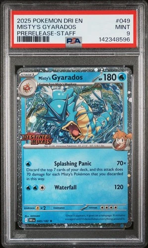 2025 POKEMON DRI EN-DESTINED RIVALS PRERELEASE-STAFF #049 MISTY'S GYARADOS PSA 9