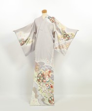 Vintage Gray Silk Houmongi Kimono with Embroidery and Gold Details / 2605221