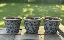 Set Of 3 Mini Salt Glaze Stoneware Crocks Blue Gray Sponge Ware Vtg 1-1/2” Tall