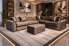 Luxury Velvet Corner Sofa & Matching Footstool - Modern Living Room Settee Mocca