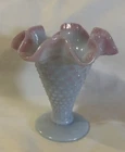 Vintage Fenton Rare Blue Bermese Hobnail Vase Ruffled Edge