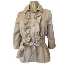 Manoush Trench Jacket Blazer Button Down Ruffled Tan Belt Beige 3/4 sleeve S
