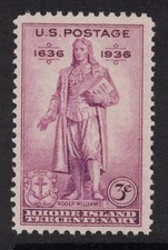 Scott 777- Rhode Island, Roger Williams Statue- MNH 3c 1936- unused mint stamp