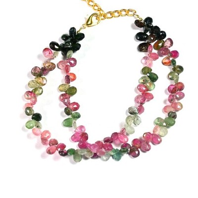 AAA Multi Tourmaline Faceted Pear Gemstone Beaded Handmade 2 Layer Bracelet 6-8''
