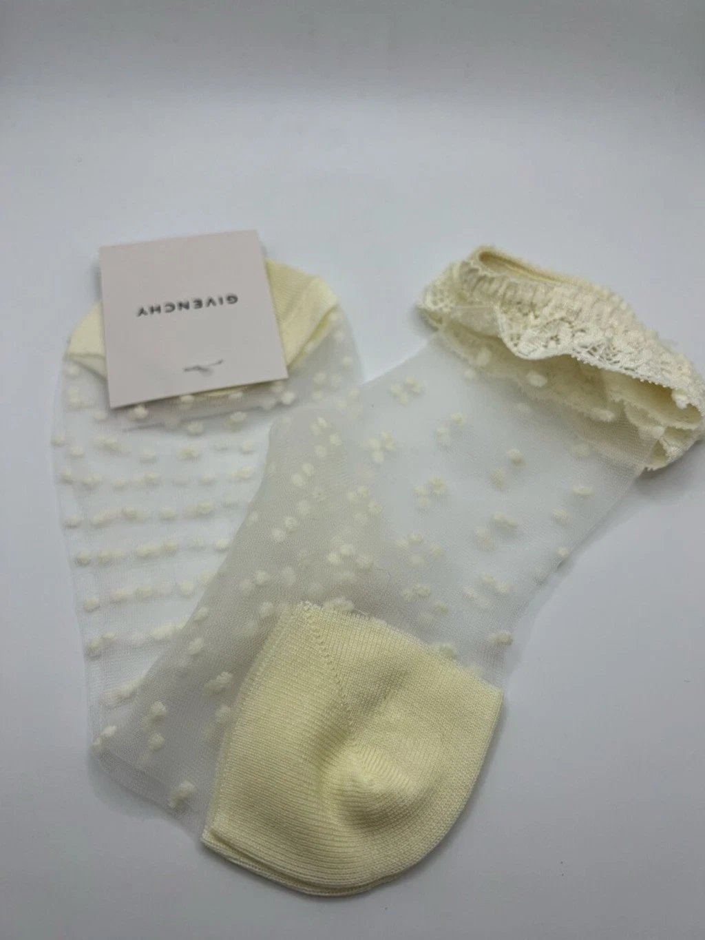 New Dead stock Givenchy Cream Polka Dot Sheer Ankle Socks