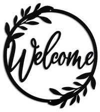 Metal Welcome Sign for Front Door - Large 13.5 inch Welcome Wreath Black 