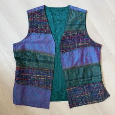 90s Patchwork Tapestry Vest Womens XL Open Front Purple Teal Jewel Tones Artisan
