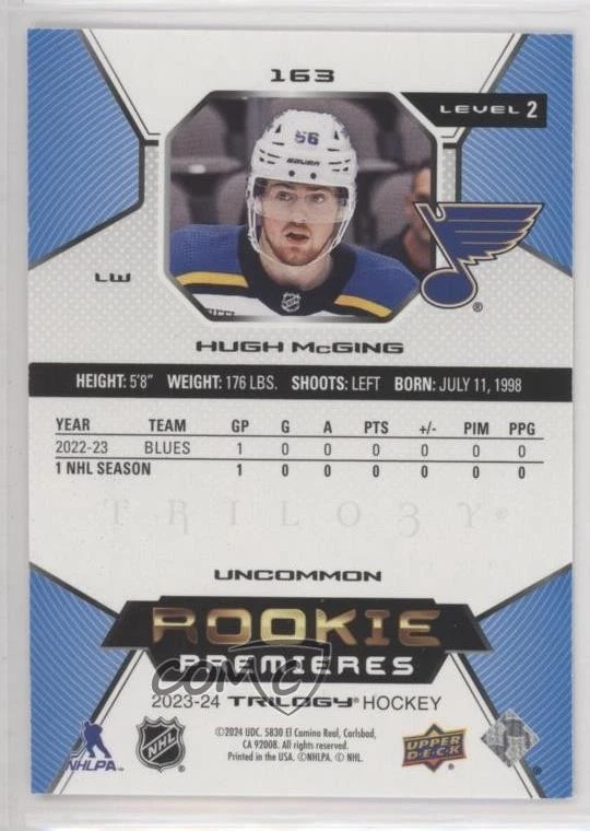 2023-24 Upper Deck Trilogy Uncommon Rookies /699 Hugh McGing #163 Rookie RC - Image 2 of 2