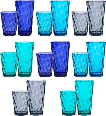 US Acrylic Optix 16 Piece Plastic Stackable Tumblers in 4 Coastal Colors | 8 each: 14ounce Rocks & 20ounce Water Drinking Cups | Reusable, BPAfree